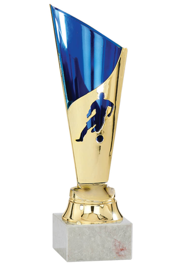 Fußballpokal in Blau und Gold mit Spielermotiv