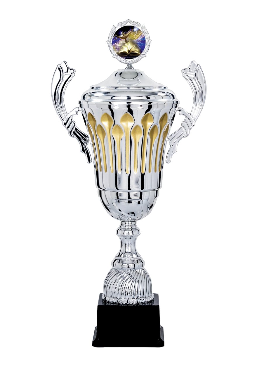 Pokal mit Deckel in Silber mit goldenen Bahnen - Höhe: 60cm