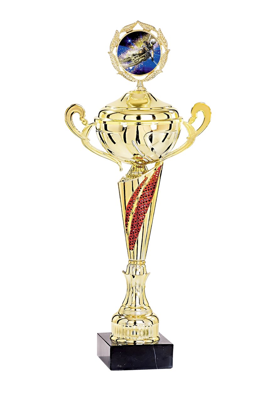Pokal mit Deckel in Rot mit zwei weiten Henkeln - Höhe: 42cm