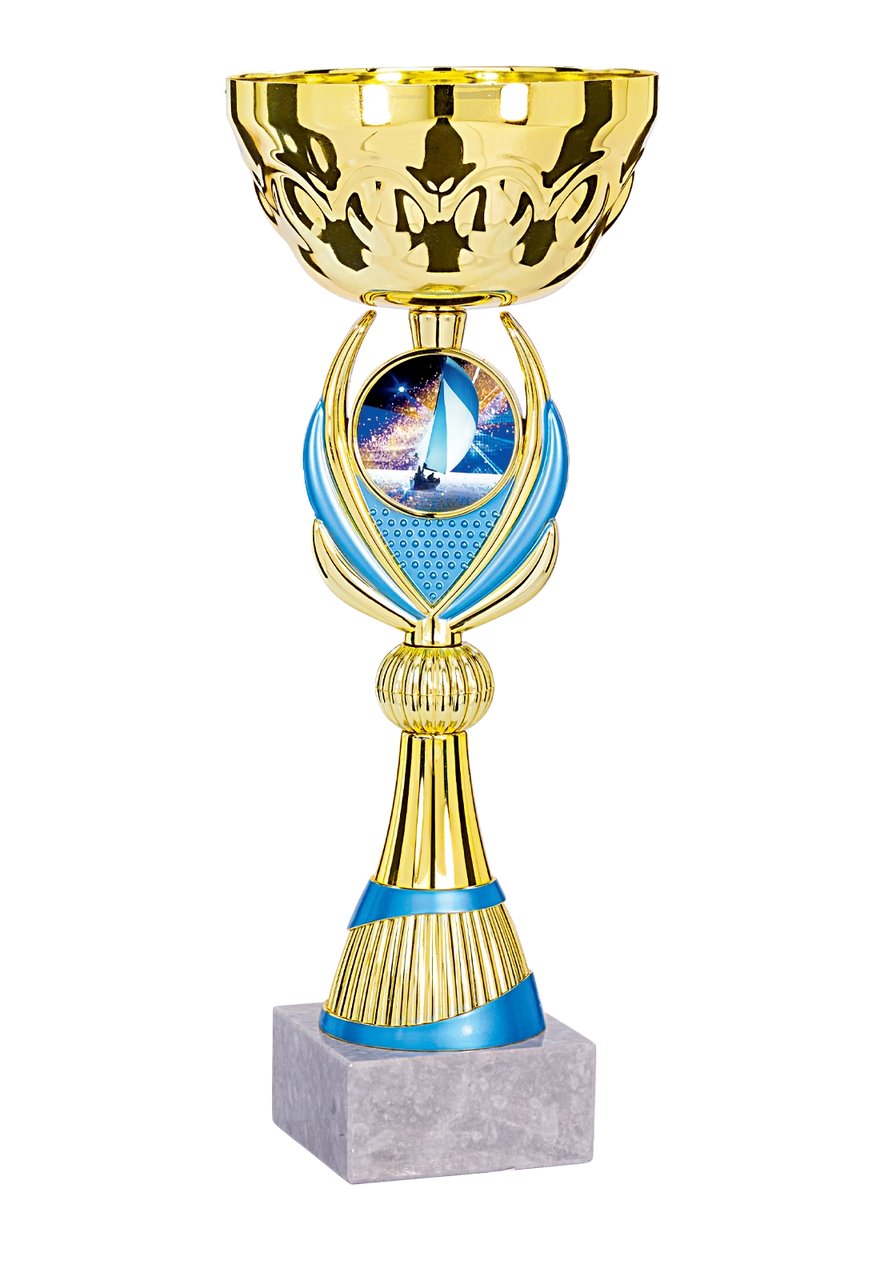 Pokal in Blau mit Emblemaufnahme im Schaft - Höhe: 36cm