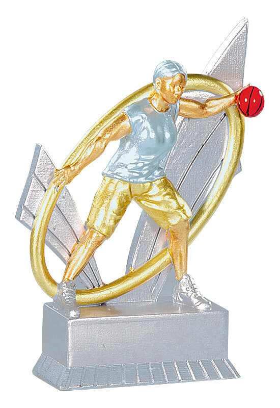 Trophäe Basketballspieler in Hellblau im Ring 12cm