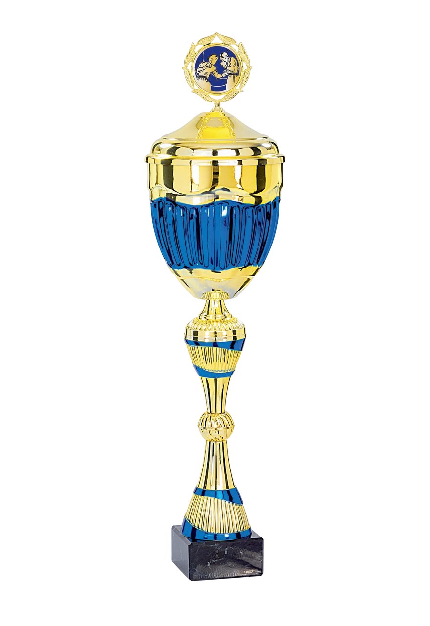 Pokal mit Deckel in Blau mit senkrechten Bahnen - Höhe: 44cm