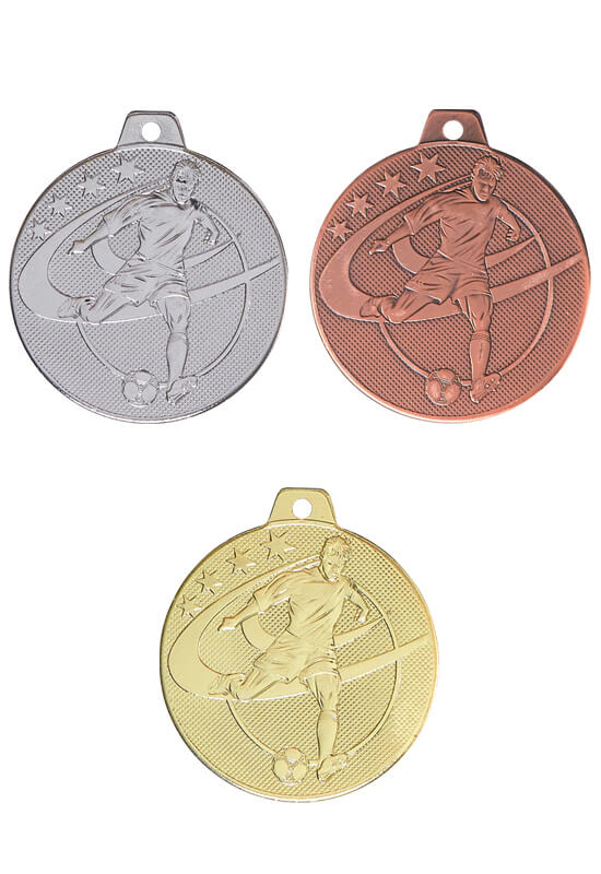 Fußball Medaille mit Spieler und Ball und Sternen - Farbe: bronze - Ø32mm