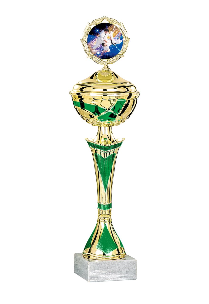 Pokal mit Deckel in Grün mit geschwungenem Schaft - Höhe: 45cm