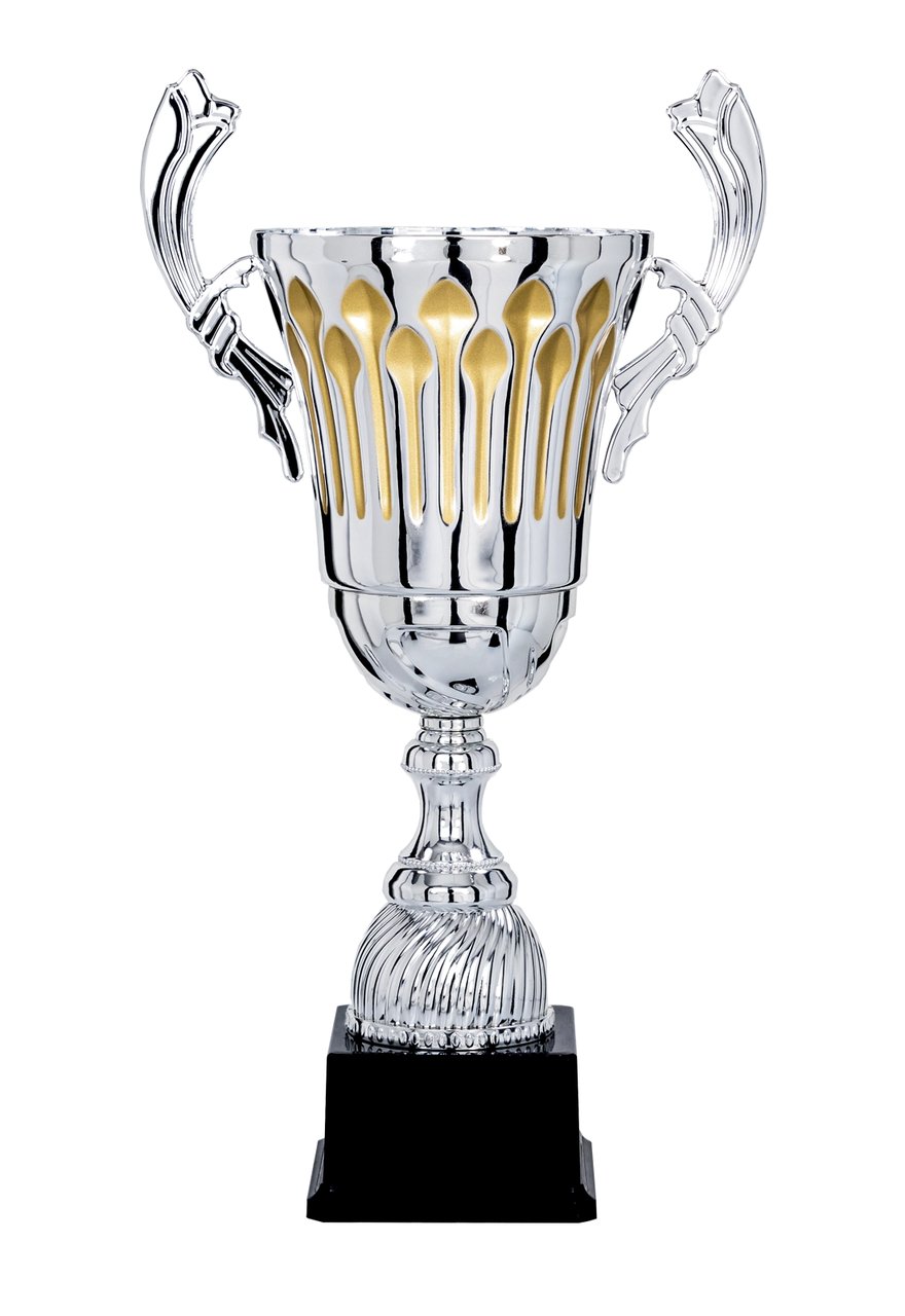 Pokal in Silber mit goldenen Bahnen und hohen Henkeln - Höhe: 55cm