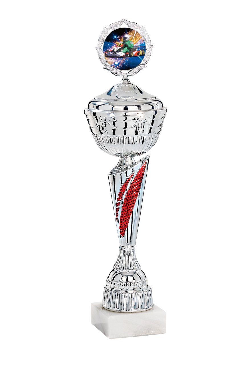 Pokal mit Deckel und rotem Blitz