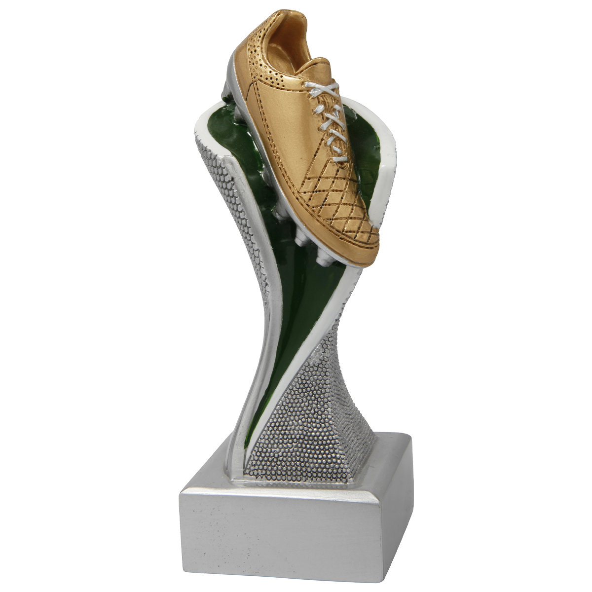 Fußball-Trophäe goldener Schuh auf Säule Silber-Grün - Höhe: 19,5 cm